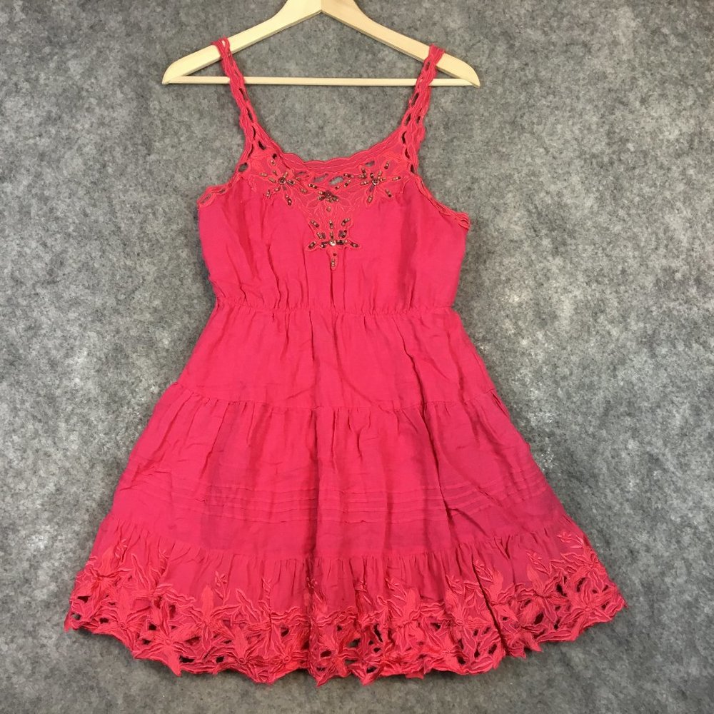 Free People Dress XS Hot Pink Barbie Beaded Embroidered Distressed Linen Lace